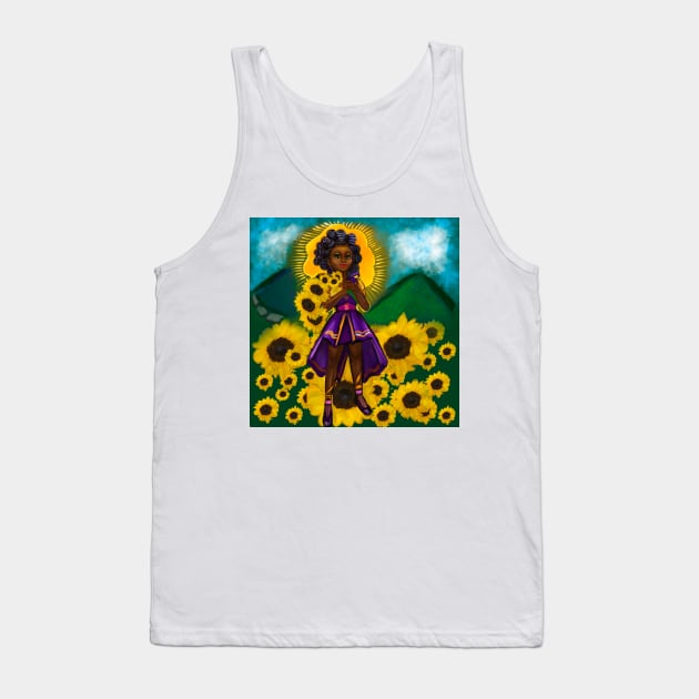 anime girl  sunflower warrior princess ii with Bantu knots - black girl with Afro hair and dark brown skin and flowers Tank Top by Artonmytee